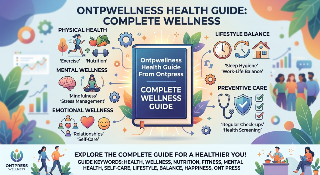 Healthy lifestyle illustration showing nutrition, exercise, hydration, sleep, and wellness habits featured in the ontpwellness health guide from ontpress.