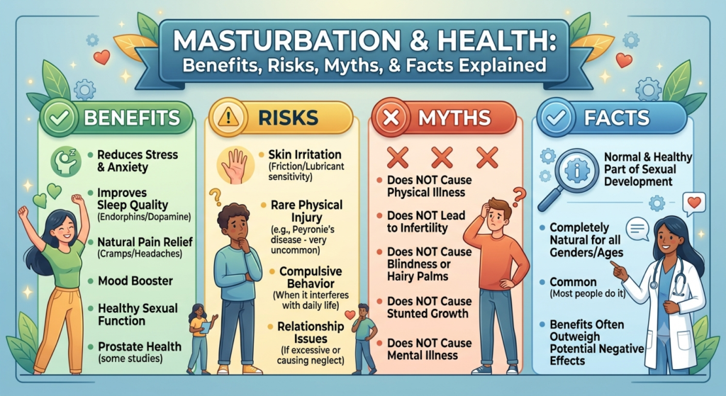 Educational health infographic explaining whether masturbation is good for health, including benefits, possible side effects, mental health effects, stress relief, sleep improvement, and common myths.