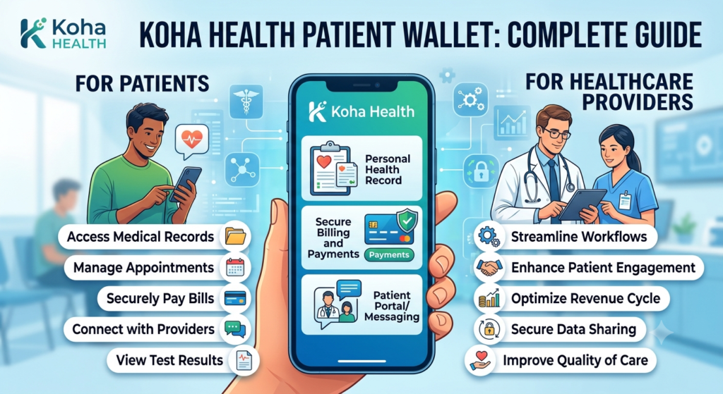 Patient using the Koha Health Patient Wallet on a mobile device to view healthcare bills, manage payments, and track medical expenses securely.