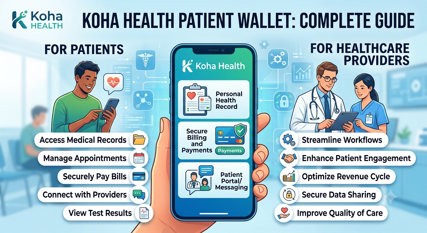 Patient using the Koha Health Patient Wallet on a mobile device to view healthcare bills, manage payments, and track medical expenses securely.
