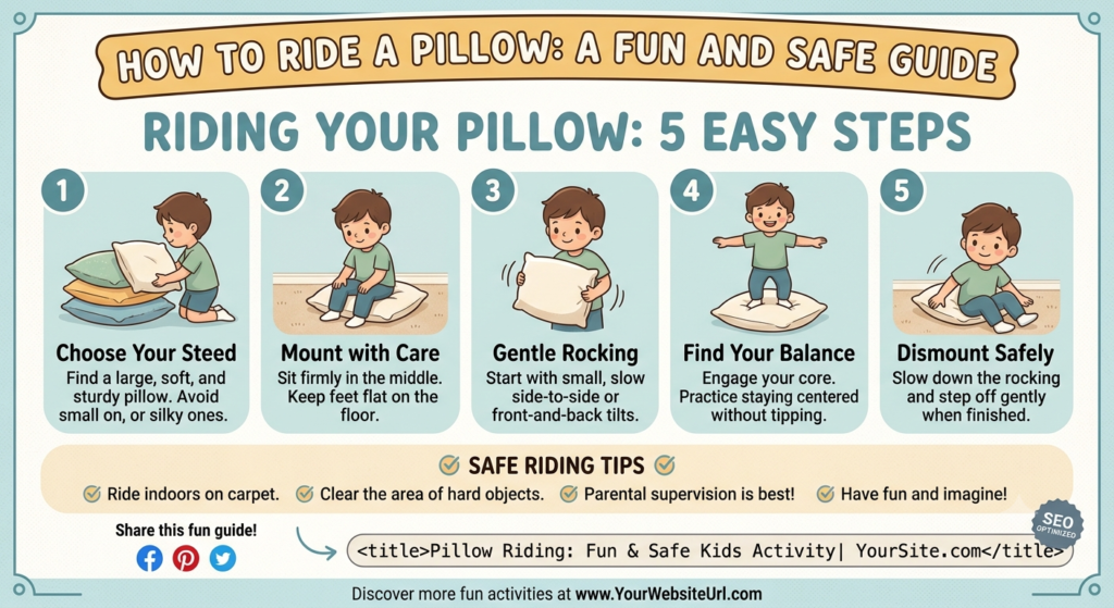 Child safely riding a soft pillow indoors while enjoying a fun imaginative play activity at home.