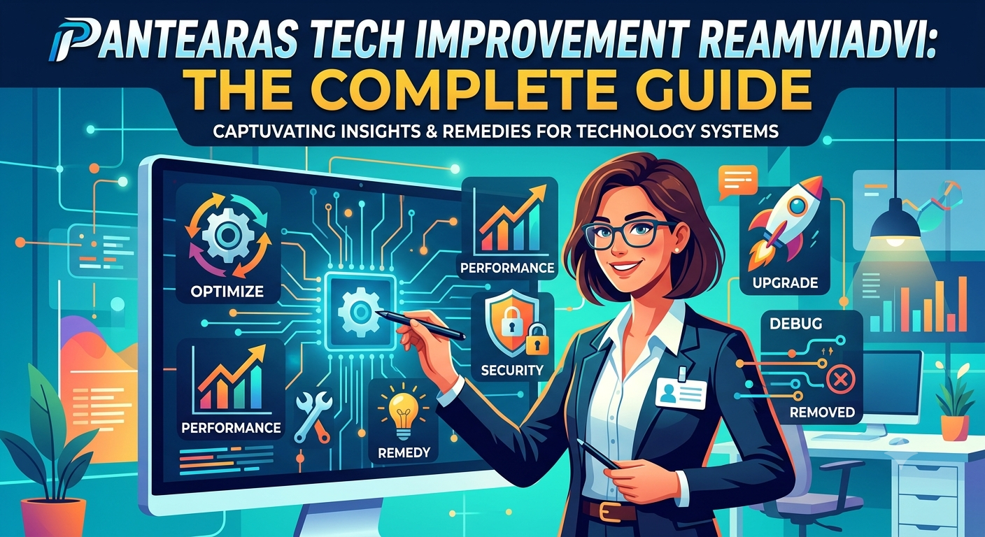 Modern digital technology dashboard showing captuvating pantearas tech improvement reamoviadvi with smart automation, cloud computing, data analytics, artificial intelligence, and business technology solutions working together to improve efficiency and innovation.