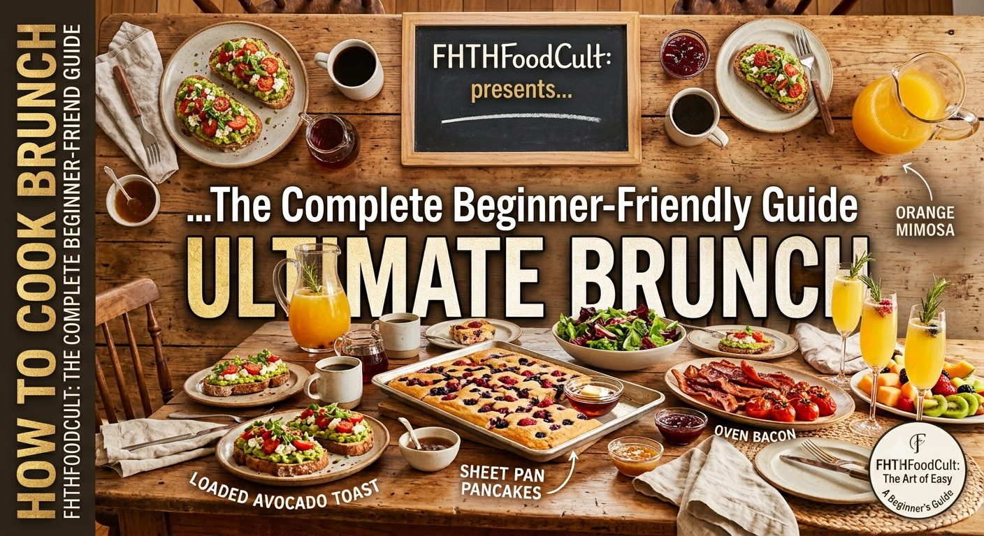 Fresh homemade FHTHFoodCult brunch featuring scrambled eggs, toast, fruit salad, and orange juice on a beautifully arranged table