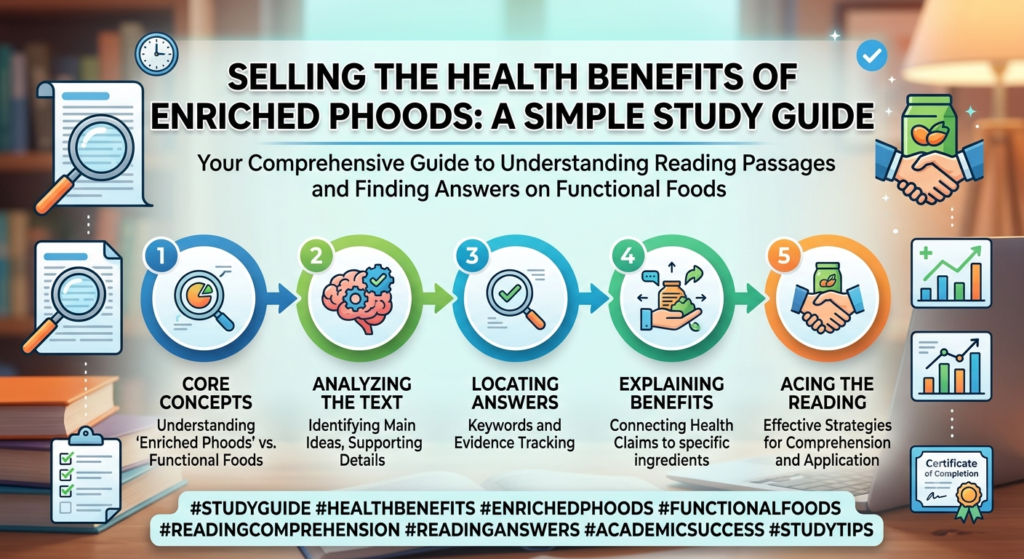 Student reviewing the Selling the Health Benefits of Enriched Phoods reading passage with notes on functional foods, nutrition claims, and IELTS reading answers.
