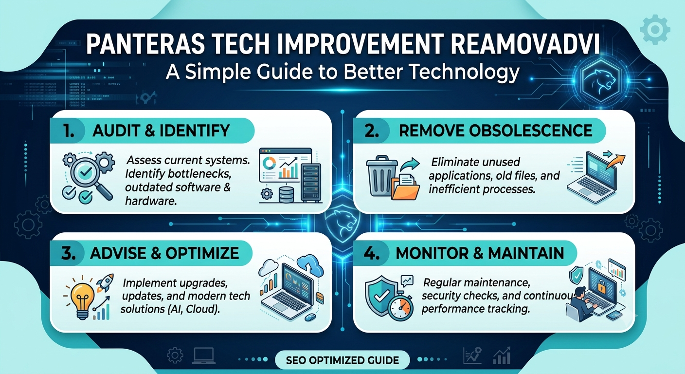 Technology improvement dashboard showing digital transformation, cloud computing, cybersecurity protection, automation tools, and business productivity enhancements.