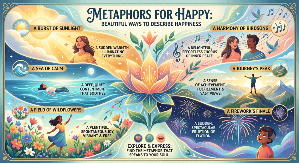 Metaphor for happy showing a person feeling joy with sunshine, flowers, and positive emotions
