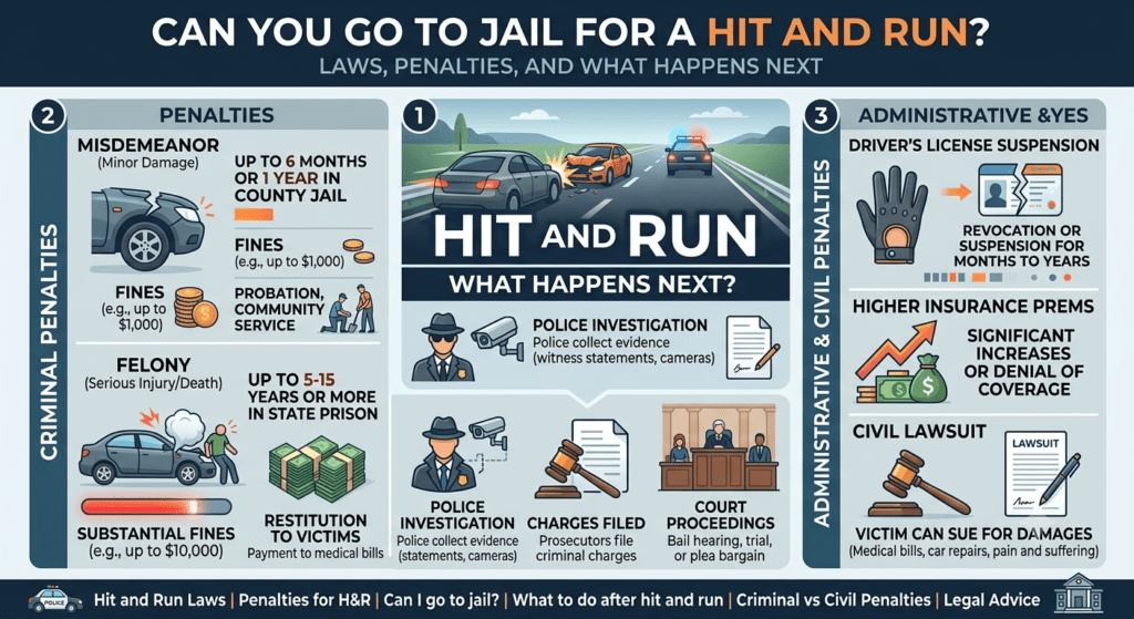 Hit and run accident investigation showing damaged vehicle and police officers reviewing legal consequences