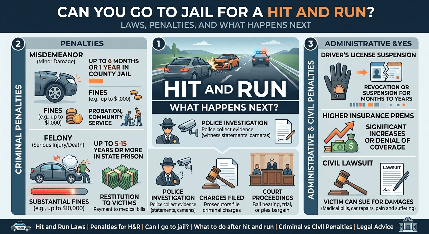 Hit and run accident investigation showing damaged vehicle and police officers reviewing legal consequences