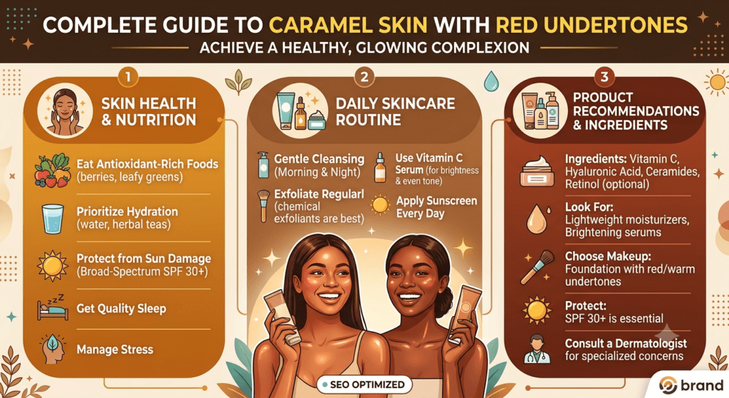 Caramel golden brown skin with red undertones showing healthy glowing complexion and skincare routine