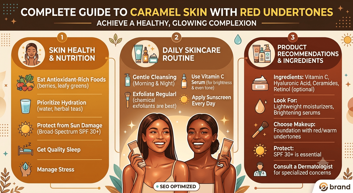 Caramel golden brown skin with red undertones showing healthy glowing complexion and skincare routine