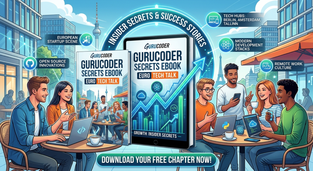 Gurucoder Secrets Ebook Euro Tech Talk displayed on a laptop screen with coding tutorials, software development lessons, and modern technology learning resources.