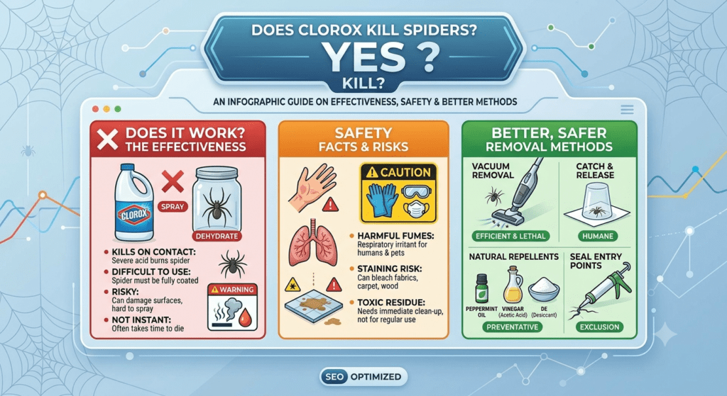 Clorox bleach bottle with spider showing how bleach affects spiders and home safety