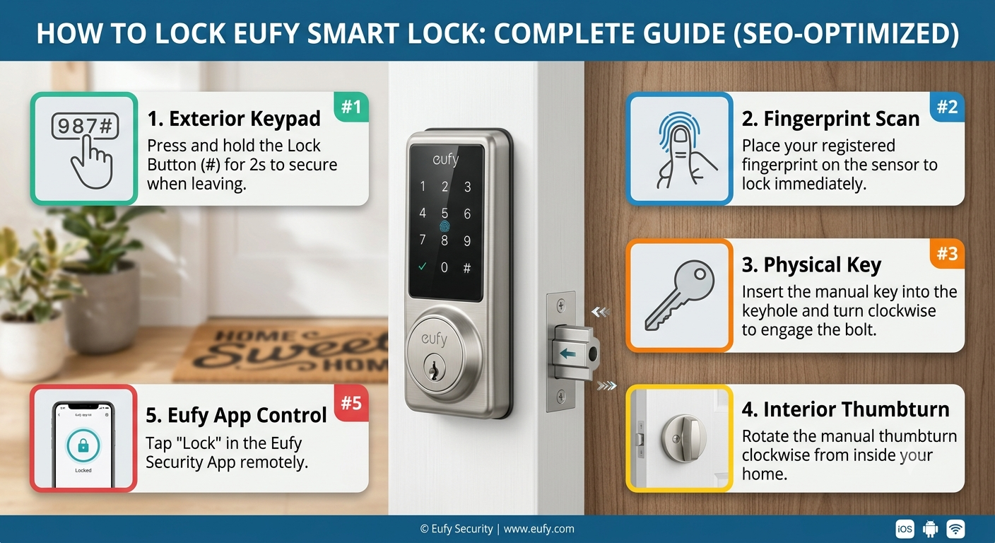 Eufy smart lock showing the lock button used to secure a closed door