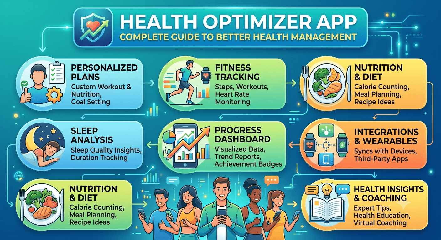 Health optimizer app showing fitness tracking, nutrition monitoring, sleep analysis, and wellness management features