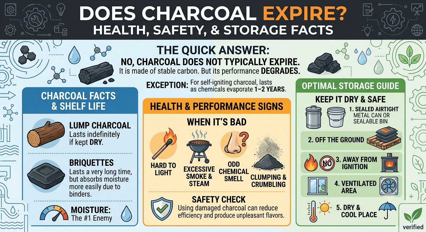 Dry charcoal stored in an airtight container to prevent moisture damage and support safe outdoor cooking