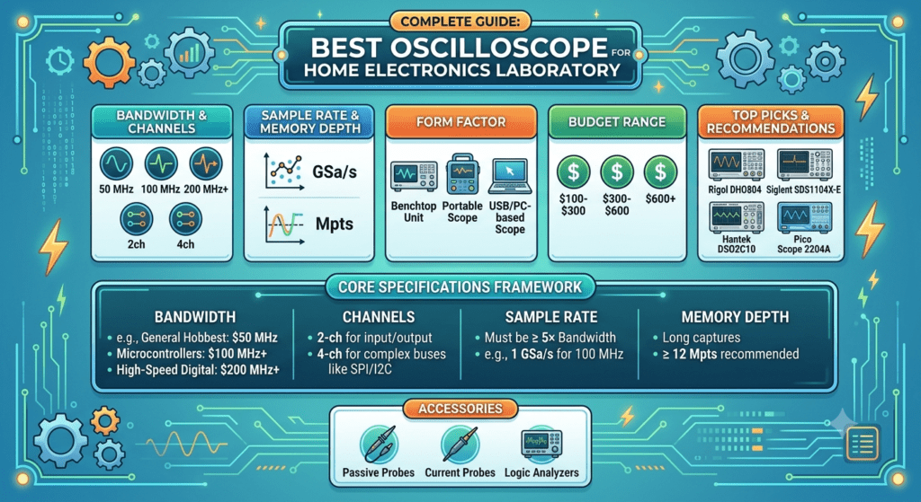 Digital storage oscilloscope used for home electronics laboratory circuit testing and waveform measurement