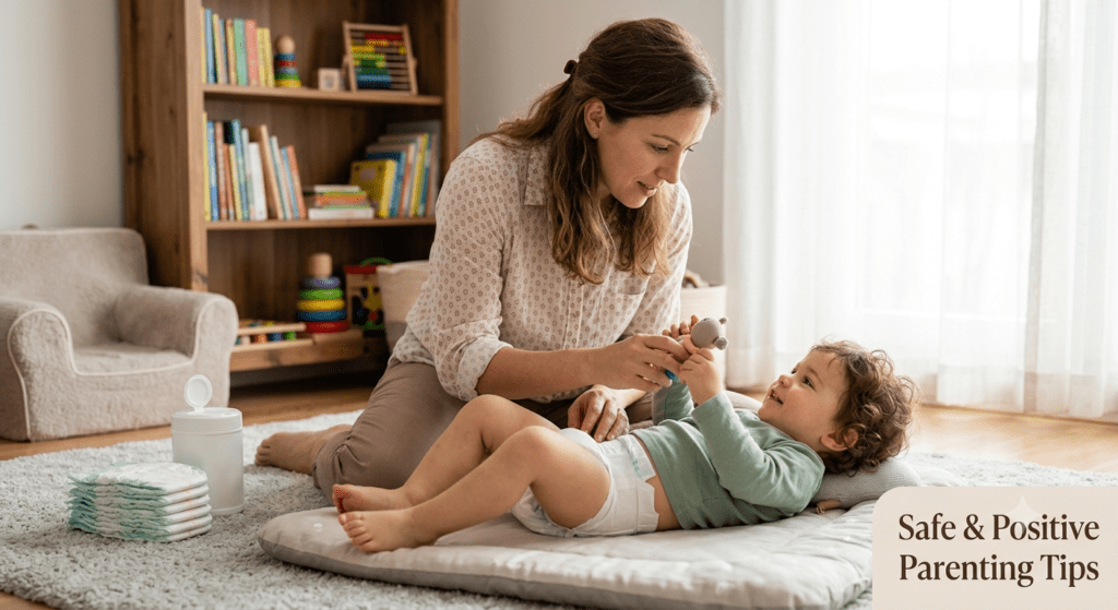 parent changing baby diaper with proper hygiene and safe childcare practices