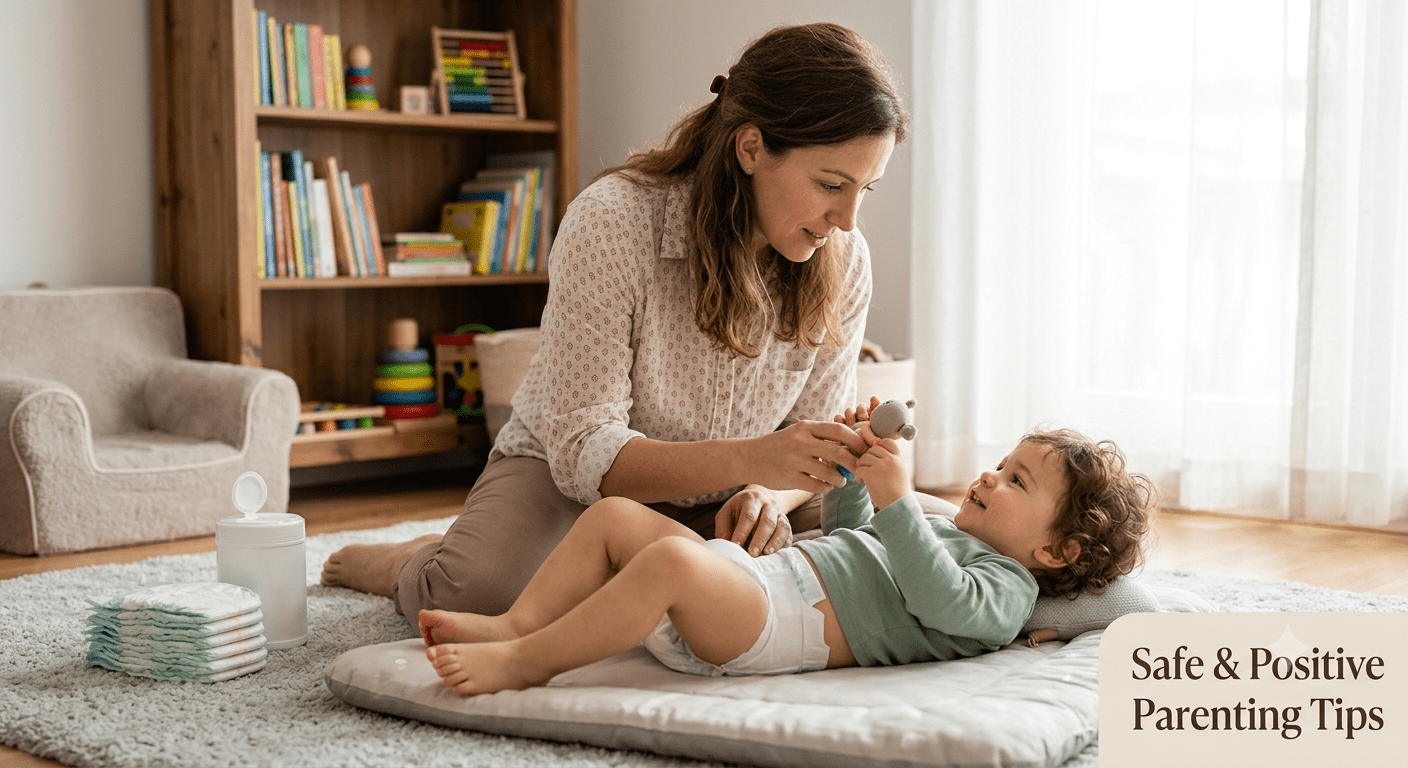 parent changing baby diaper with proper hygiene and safe childcare practices