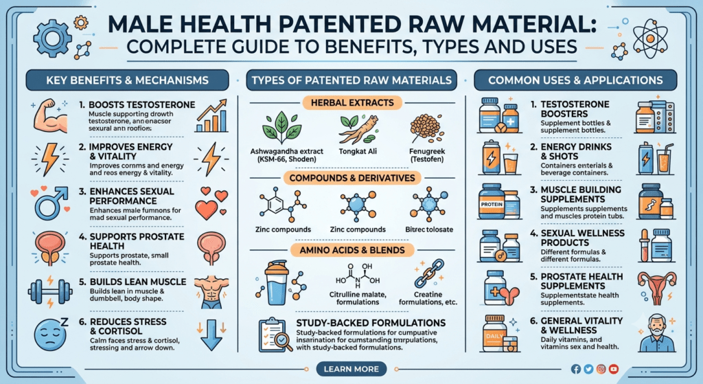 Male health patented raw material ingredients used in men's wellness and nutritional supplements