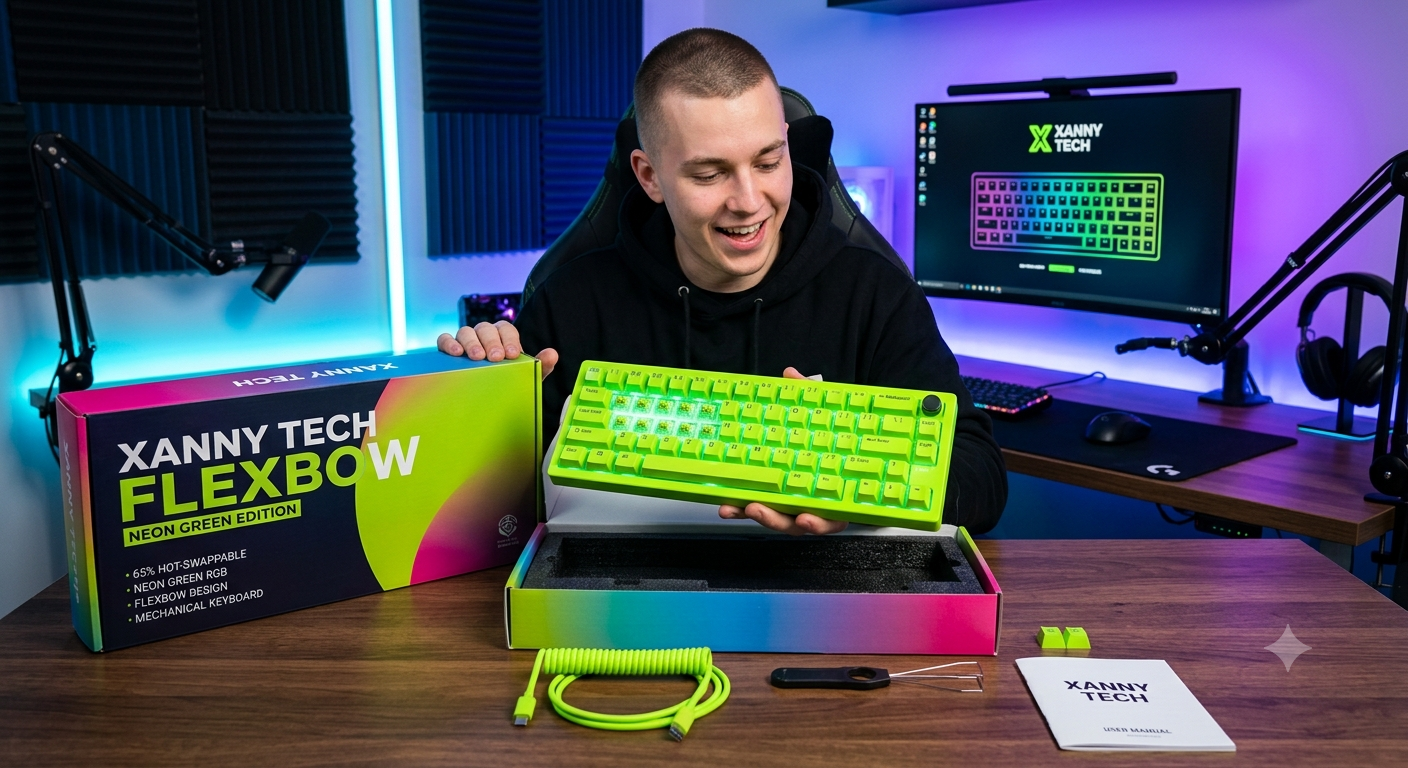 Xanny Tech Flexbow Neon Green device displayed with its packaging and included accessories during the unboxing process.
