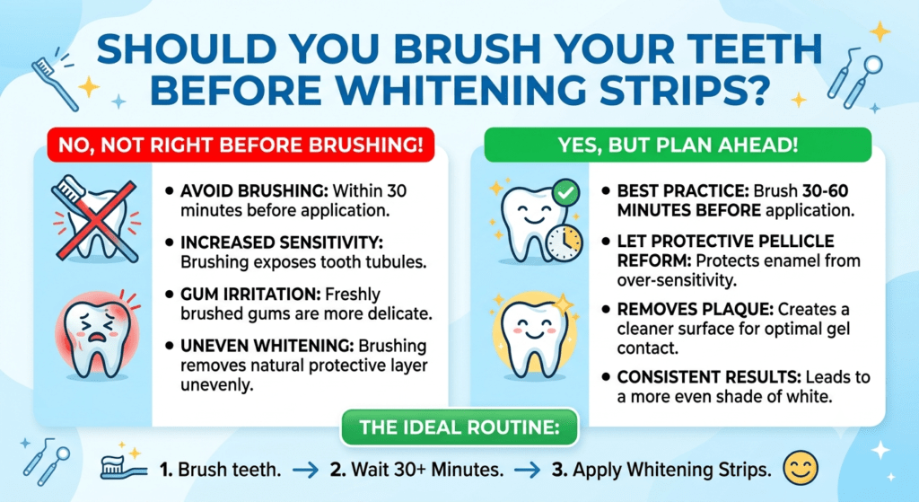 Person brushing teeth before using whitening strips for better teeth whitening results