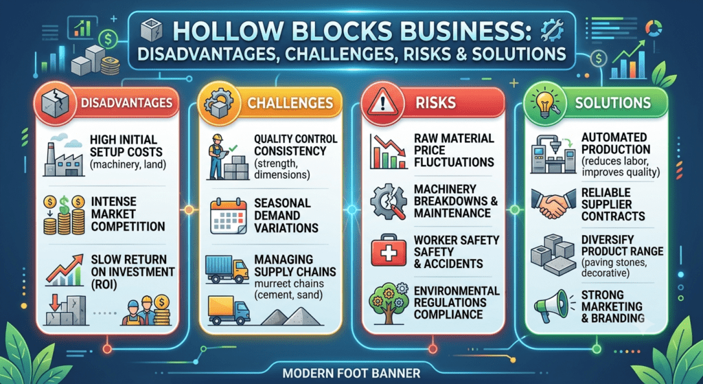 Hollow blocks business manufacturing process with concrete block machine and workers