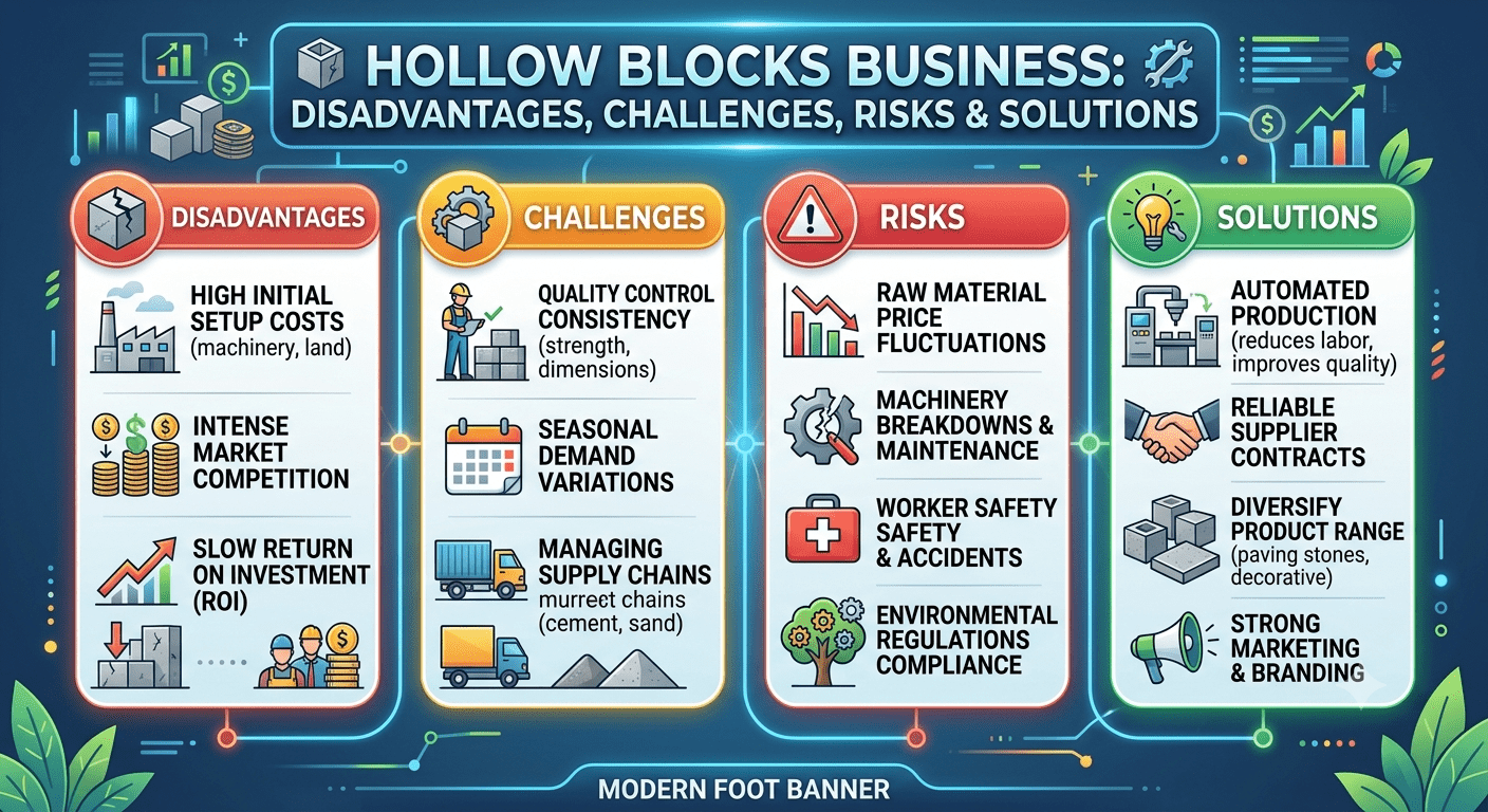 Hollow blocks business manufacturing process with concrete block machine and workers