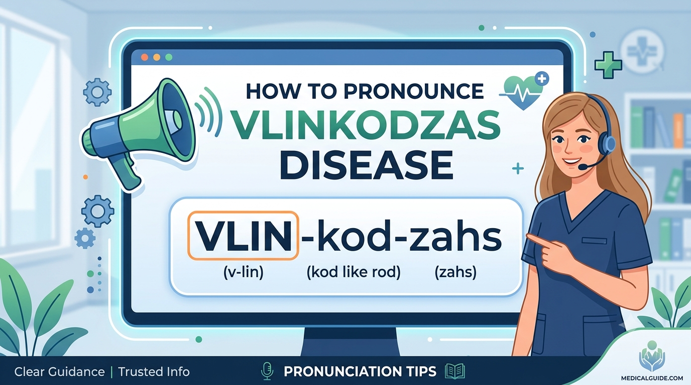 Illustration showing a medical pronunciation guide for the term "Vlinkodzas Disease" with phonetic spelling, speech bubbles, and healthcare-themed elements.