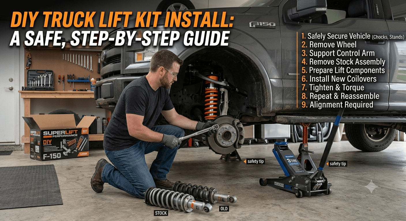 Tools needed for lifting a truck yourself including jack stands and floor jack