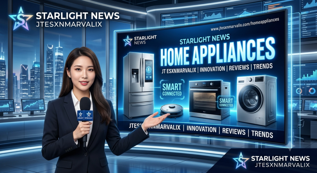 Modern smart home appliances including a refrigerator, washing machine, microwave, and dishwasher in a stylish kitchen, showcasing home appliances starlight news jtesxnmarvalixx and energy-efficient technology.