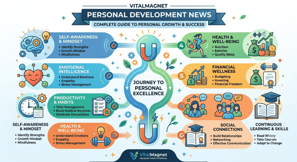 VitalMagnet Personal Development News showing a personal growth journey with goals and success steps