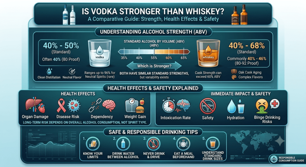 Vodka and whiskey alcohol strength comparison showing 40 percent ABV and health effects