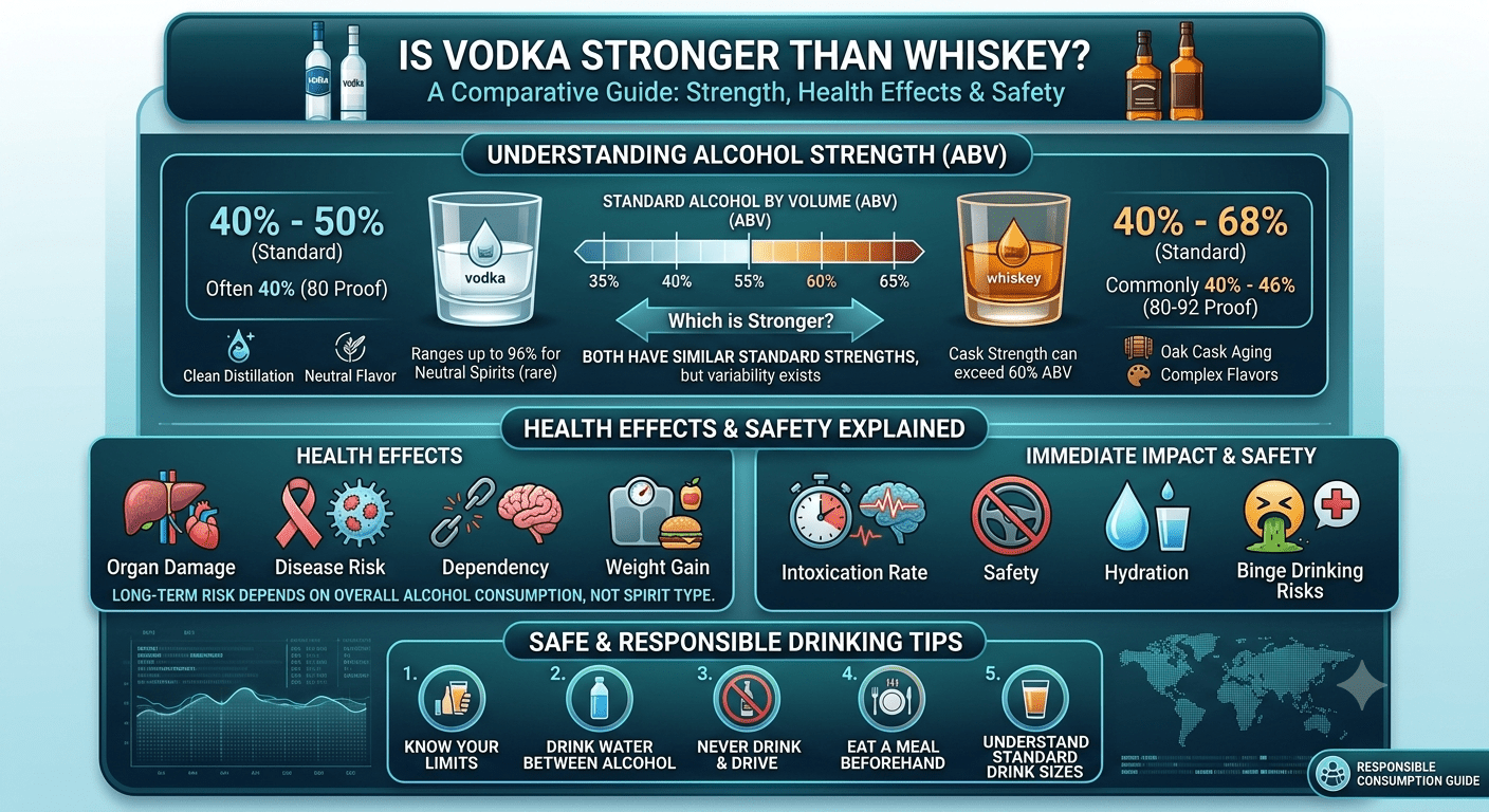 Vodka and whiskey alcohol strength comparison showing 40 percent ABV and health effects