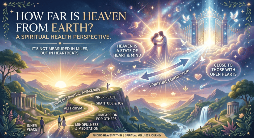 Person reflecting on how far heaven is from earth with a peaceful spiritual wellness concept