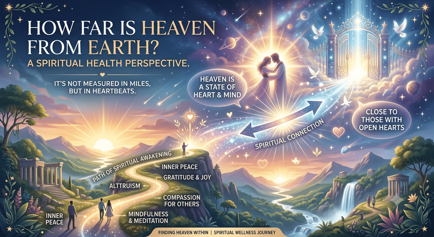 Person reflecting on how far heaven is from earth with a peaceful spiritual wellness concept