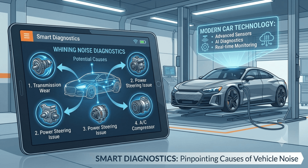 Modern automotive diagnostic technology detecting whining noise in car using sensors and scanner