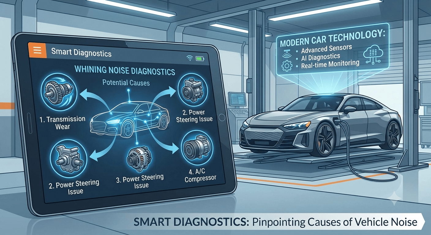 Modern automotive diagnostic technology detecting whining noise in car using sensors and scanner