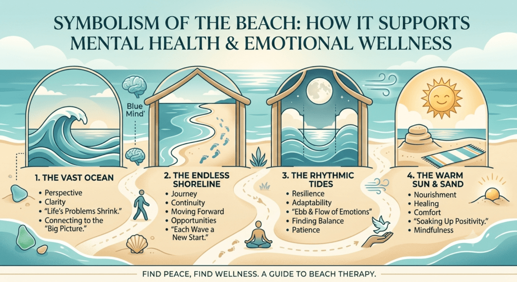 Beach symbolism showing mental wellness, emotional balance, and relaxation through nature therapy