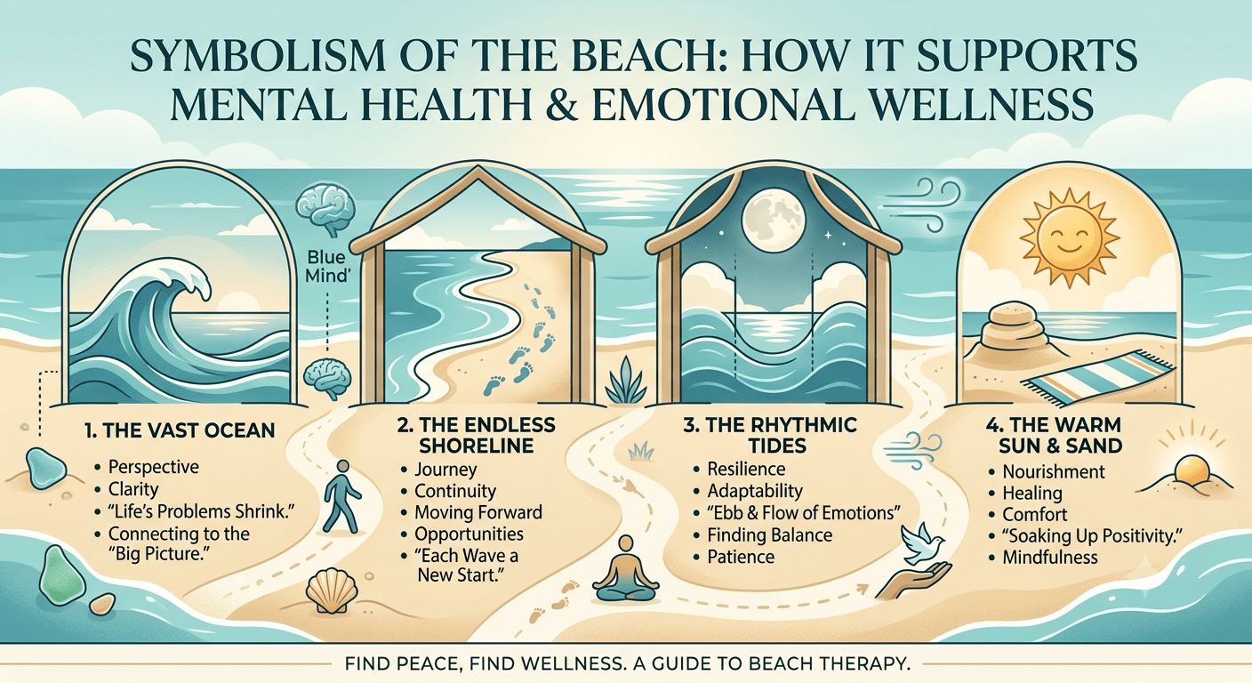 Beach symbolism showing mental wellness, emotional balance, and relaxation through nature therapy