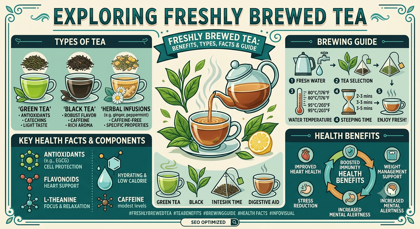 Freshly brewed tea in a cup with natural tea leaves and steam
