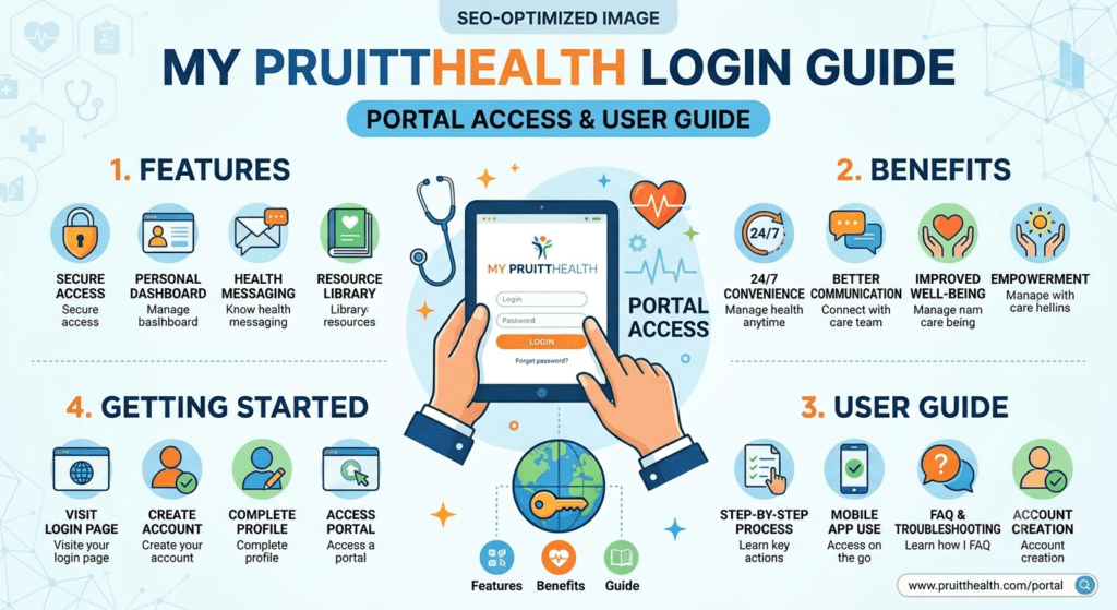 My PruittHealth patient portal showing online healthcare management, medical records access, and secure login features