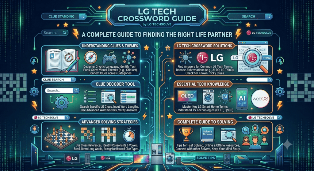 LG tech crossword clue puzzle with LG Electronics logo, smart devices, and technology symbols