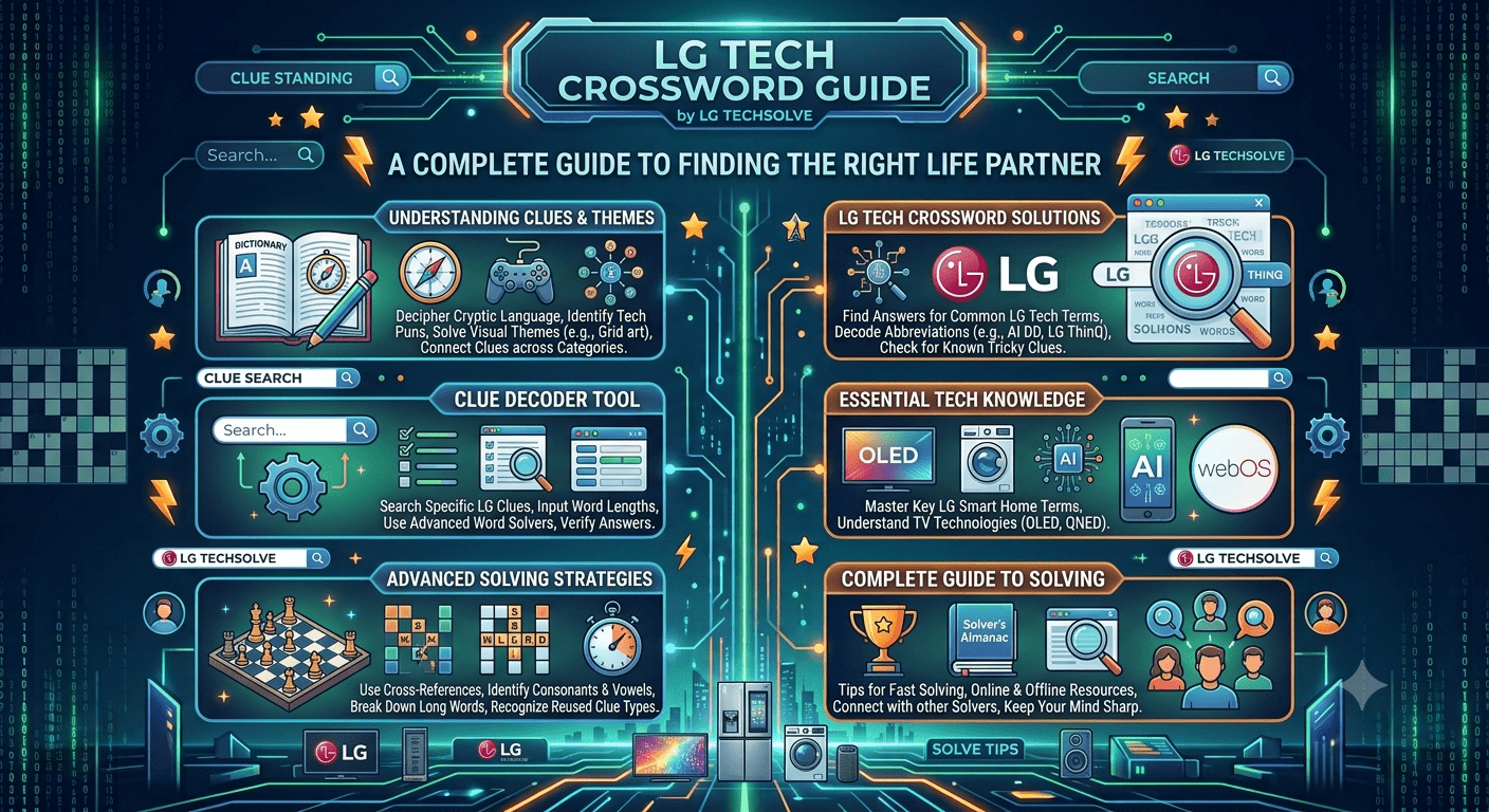 LG tech crossword clue puzzle with LG Electronics logo, smart devices, and technology symbols