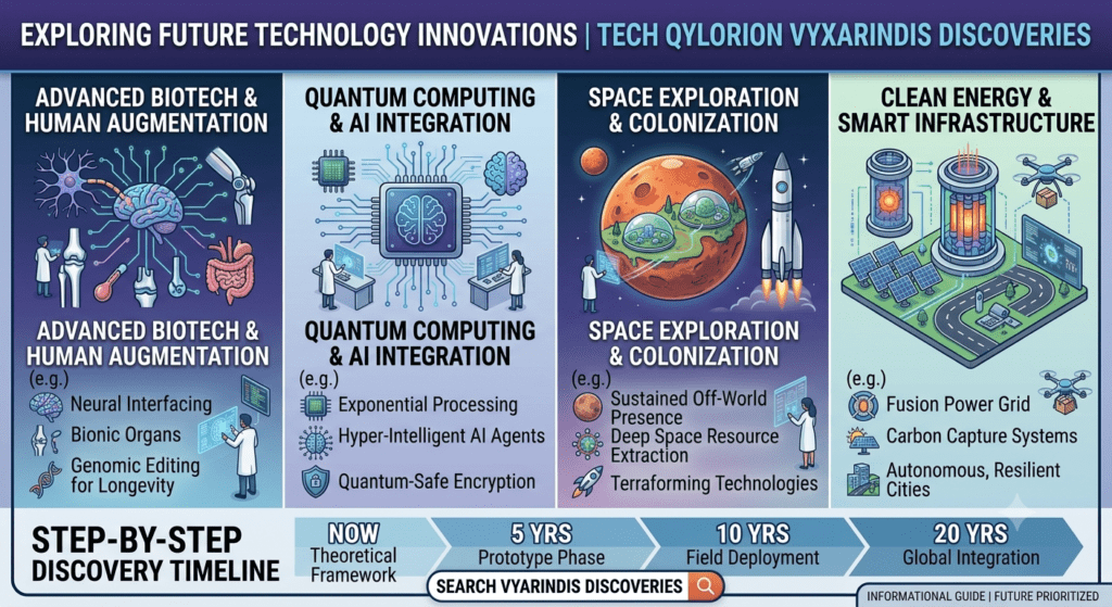 Tech Qylorion Vyxarindis Discoveries showing future technology innovation with AI and smart systems