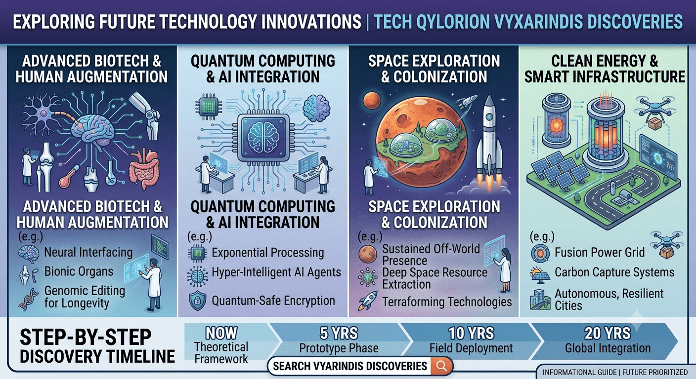 Tech Qylorion Vyxarindis Discoveries showing future technology innovation with AI and smart systems