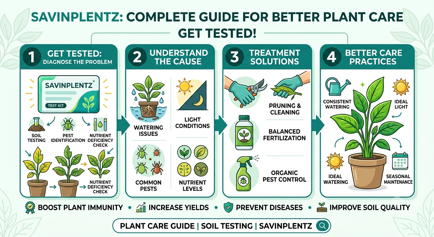 Plant health acquire test savinplentz showing plant health analysis with green leaves, soil testing, and crop monitoring tools