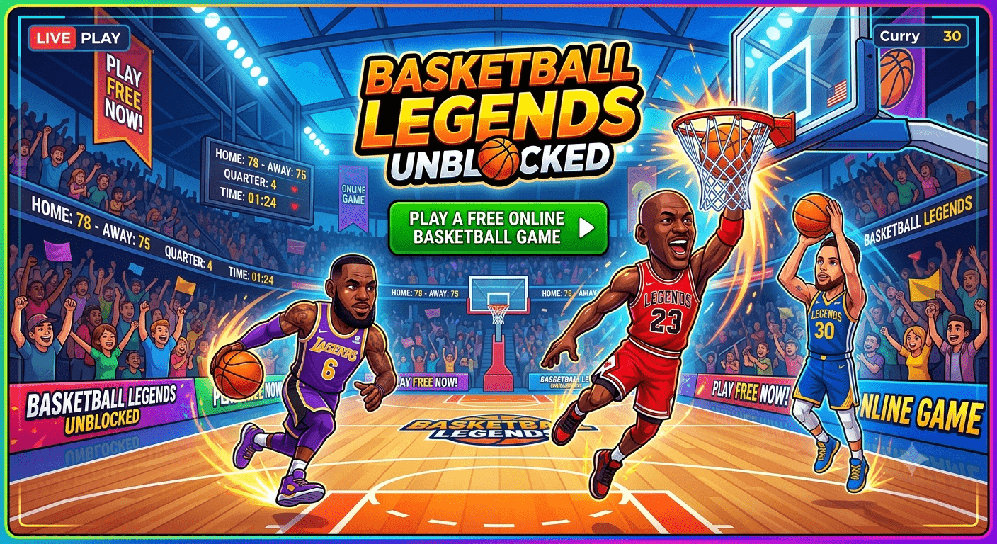 Basketball Legends Unblocked game showing online basketball gameplay with players competing on a virtual court