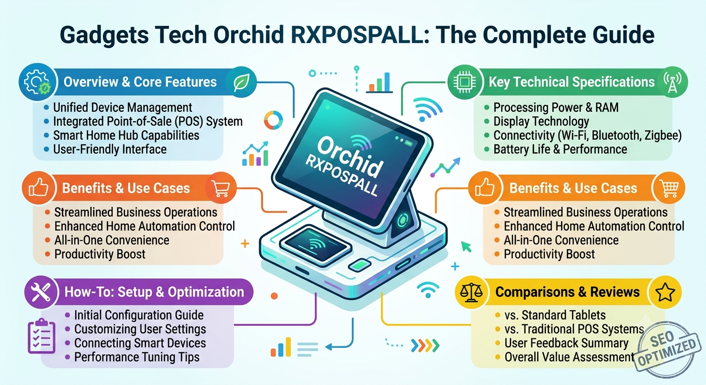 Gadgets Tech Orchid RXPOSPALL concept showing smart devices, digital technology, connected gadgets, and modern innovation in a futuristic workspace.