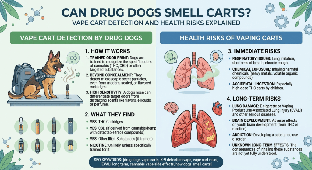 Trained drug detection dog near a vape cartridge showing scent detection and health awareness