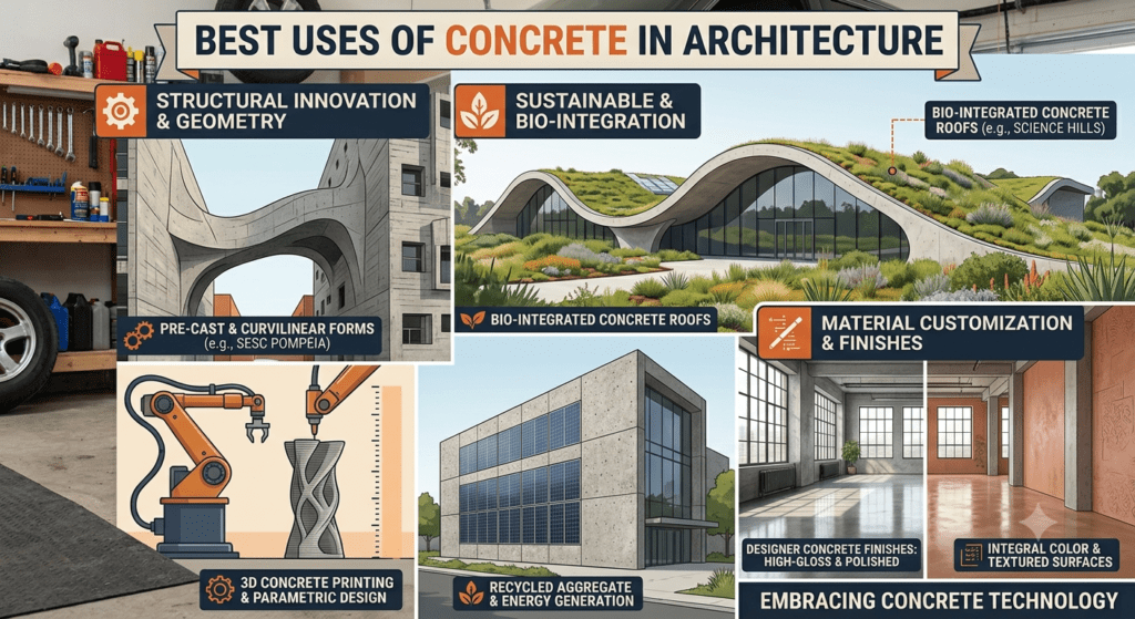 Modern concrete building showcasing sustainable architecture and construction technology